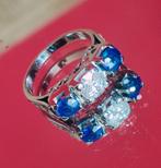 Art deco gouden ring met diamant 0,91kt en saffieren 1,19kt, Handtassen en Accessoires, Ringen, Gebruikt, Ophalen of Verzenden