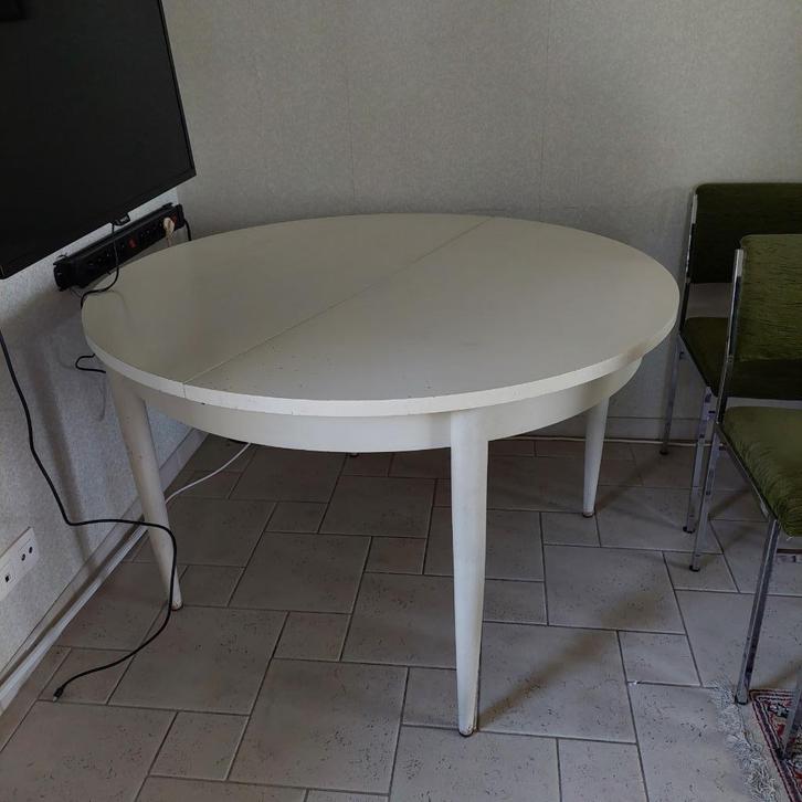 Ronde , uitschuifbare  tafel en 6 stoelen, Huis en Inrichting, Tafels | Eettafels, Gebruikt, Rond, Ophalen