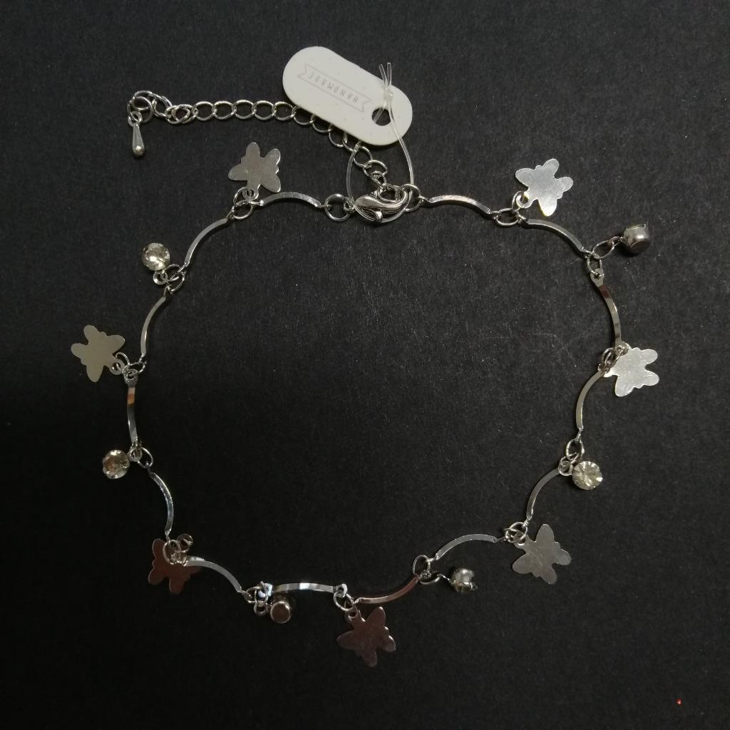 Bracelet de cheville en argent avec papillons, strass et ral, Enlèvement ou Envoi, Neuf, Argent, Avec bracelets à breloques ou perles