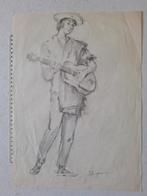 Staande gitarist met hoed gesigneerd kunstenaar onleesbaar, Antiek en Kunst, Ophalen of Verzenden