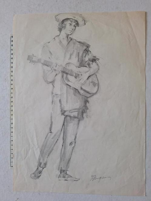 Staande gitarist met hoed gesigneerd kunstenaar onleesbaar, Antiek en Kunst, Kunst | Tekeningen en Fotografie, Ophalen of Verzenden
