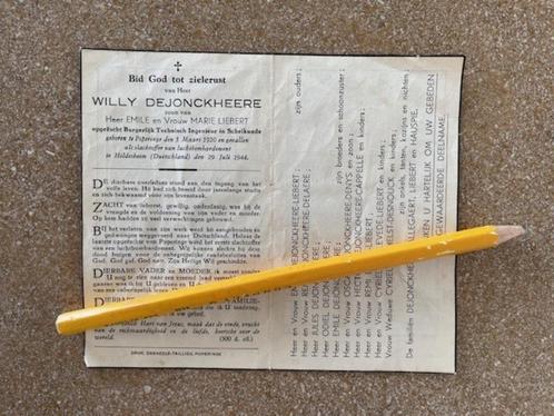 OORLOGSLACHTOFFER 1944 POPERINGE WILLY DEJONCKHEERE 1920, Verzamelen, Bidprentjes en Rouwkaarten, Bidprentje, Ophalen of Verzenden