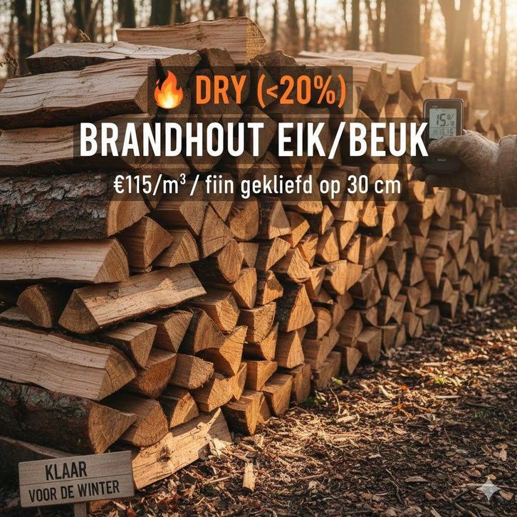 DROOG brandhout Eik/Beuk - €115/m³ - gratis thuis, Jardin & Terrasse, Bois de chauffage, Bûches, Chêne, Moins de 3 m³, Enlèvement ou Envoi