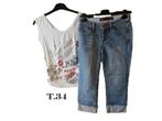 (5)- jeans pantacourt femme t.34 bleu - esprit + top blanc, Blauw, Ophalen of Verzenden, Zo goed als nieuw, W27 (confectie 34) of kleiner