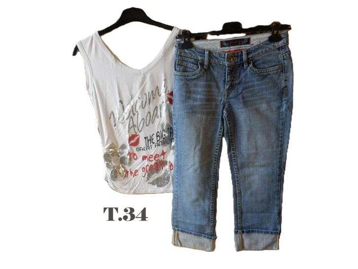 (5)- jeans pantacourt femme t.34 bleu - esprit + top blanc, Kleding | Dames, Spijkerbroeken en Jeans, Zo goed als nieuw, W27 (confectie 34) of kleiner