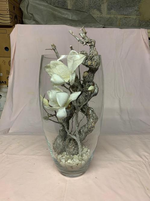 Kunststof bloem in glazen vaas, Huis en Inrichting, Woonaccessoires | Vazen, Kunststof, Ophalen of Verzenden