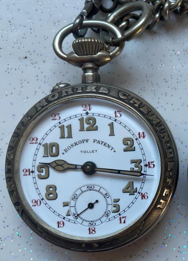 ROSKOPF TOLLET horloge, echt spoorweghorloge, Handtassen en Accessoires, Horloges | Antiek, Zakhorloge, Omega, Staal, 1900 tot 1930