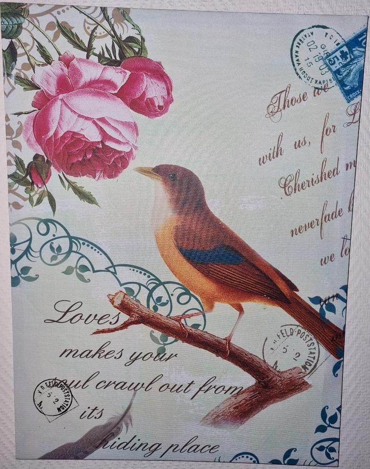 Deco canvas in vintage stijl/Shabby Chic - Bird and Roses, Diversen, Kerst, Gebruikt, Ophalen of Verzenden