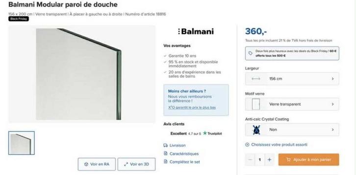 Paroi de douche 160x200cm, Doe-het-zelf en Bouw, Sanitair, Zo goed als nieuw, Douche, Glas, Ophalen