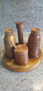 Vintage jaren '50/'60 houten cruet set - zout peper mosterd, Ophalen of Verzenden