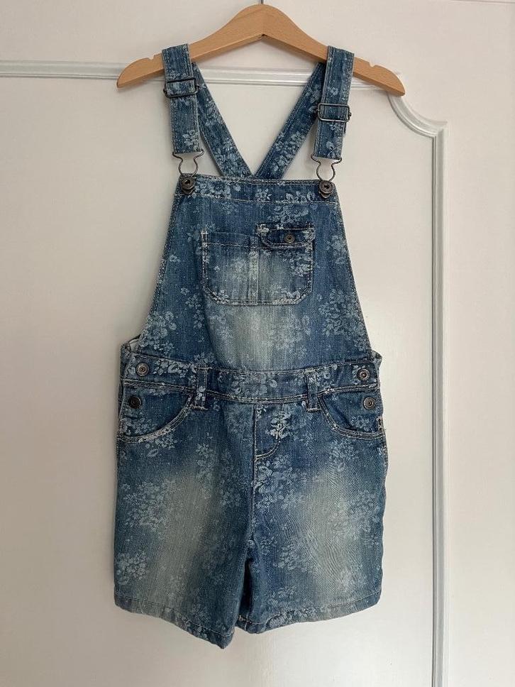 Salopette short en jean - Imprimé floral - 8A (128 cm), Kinderen en Baby's, Kinderkleding | Maat 128, Zo goed als nieuw, Meisje