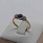 Gouden Ring 18k met Saffier & Diamanten - Maat 17, Ophalen of Verzenden, Zo goed als nieuw, 17 tot 18, Met edelsteen