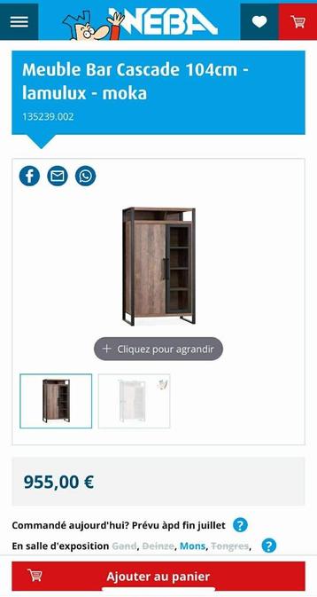Meuble Bar Cascade 104 cm – Lamulux Moka, Neuf, Avec porte(s), 25 à 50 cm, 100 à 150 cm