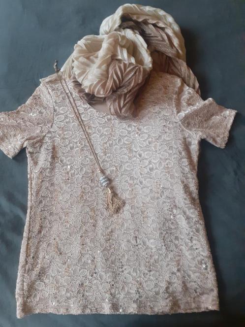 tshirt + sjaal + halsketting Damart, Kleding | Dames, T-shirts, Zo goed als nieuw, Maat 42/44 (L), Beige, Korte mouw, Verzenden