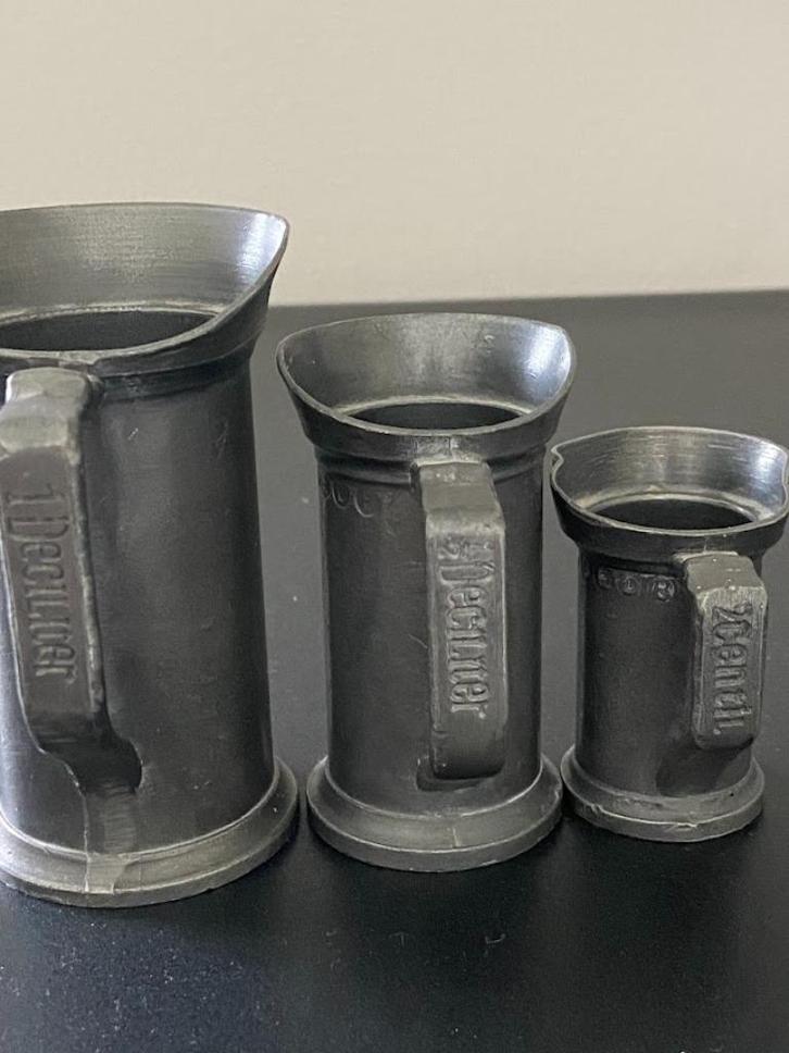 3 antieke 19e eeuwse retro tinnen maatbekers, Antiek en Kunst, Antiek | Tin, Ophalen