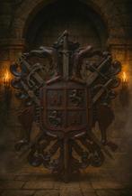 Antiek Houten wapenschild in middeleeuwse stijl met zwaarden, Antiek en Kunst, Ophalen