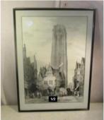 Mooie Oude Gravure 'Stad en Kathedraal' - 72x52, Antiek en Kunst, Ophalen of Verzenden