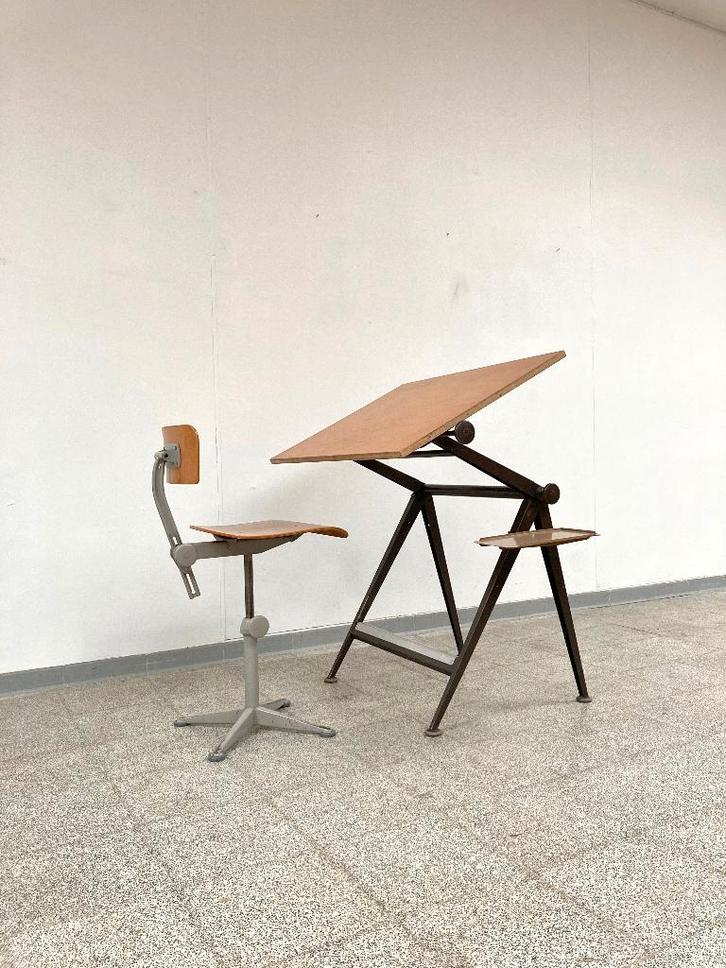 Vintage design Friso Kramer/Wim Rietveld tekentafel + stoel, Doe-het-zelf en Bouw, Tekentafels, Gebruikt, Minder dan 130 cm, Ophalen