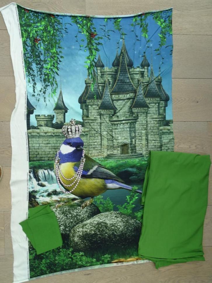 Stoffenpakket koolmeesje/kasteel, Hobby & Loisirs créatifs, Tissus & Chiffons, Neuf, Coton, 30 à 120 cm, 30 à 200 cm, Vert, Enlèvement ou Envoi