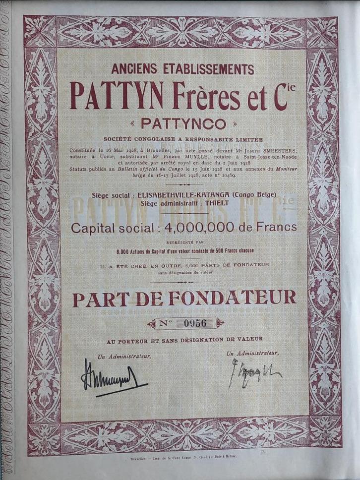 Anciens etablissments Pattyn Frères et Cie - Katanga - 1928, Postzegels en Munten, Aandelen en Waardepapieren, Aandeel, 1920 tot 1950