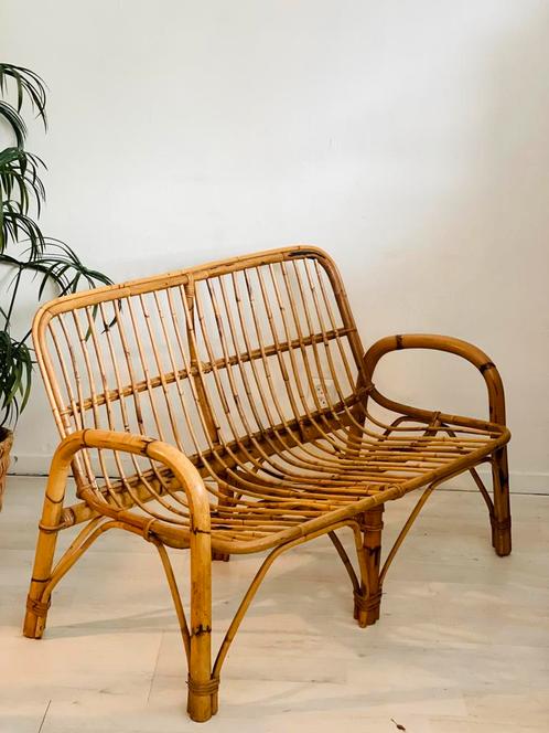 Vintage rotan bankje plus fauteuils jaren 60, Huis en Inrichting, Zetels | Zetels, Zo goed als nieuw, Rechte bank, Tweepersoons