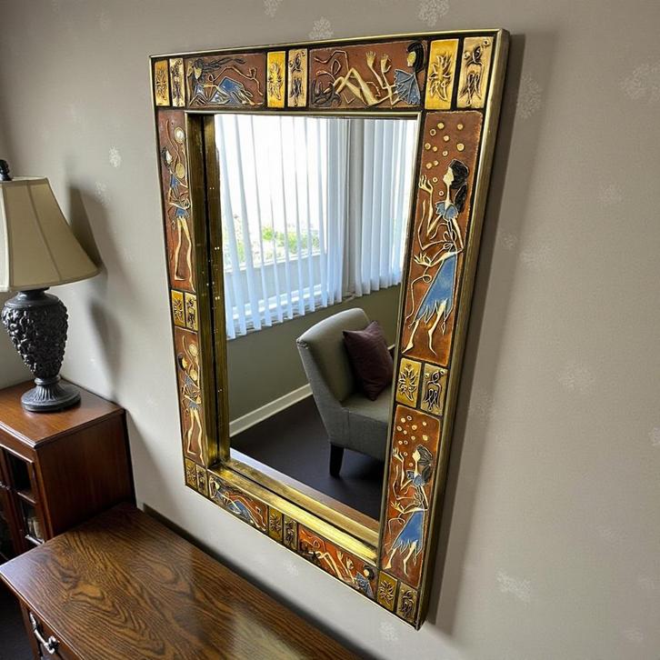 vintage keramieken spiegel / wandspiegel KNiTTER DORA, Antiek en Kunst, Antiek | Spiegels, Ophalen of Verzenden