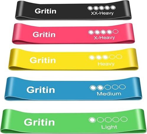 Gritin Elastische Fitnessband 5 stuks GRATIS LEVERING, Sport en Fitness, Fitnessmaterialen, Nieuw, Weerstandband, Benen, Rug, Verzenden