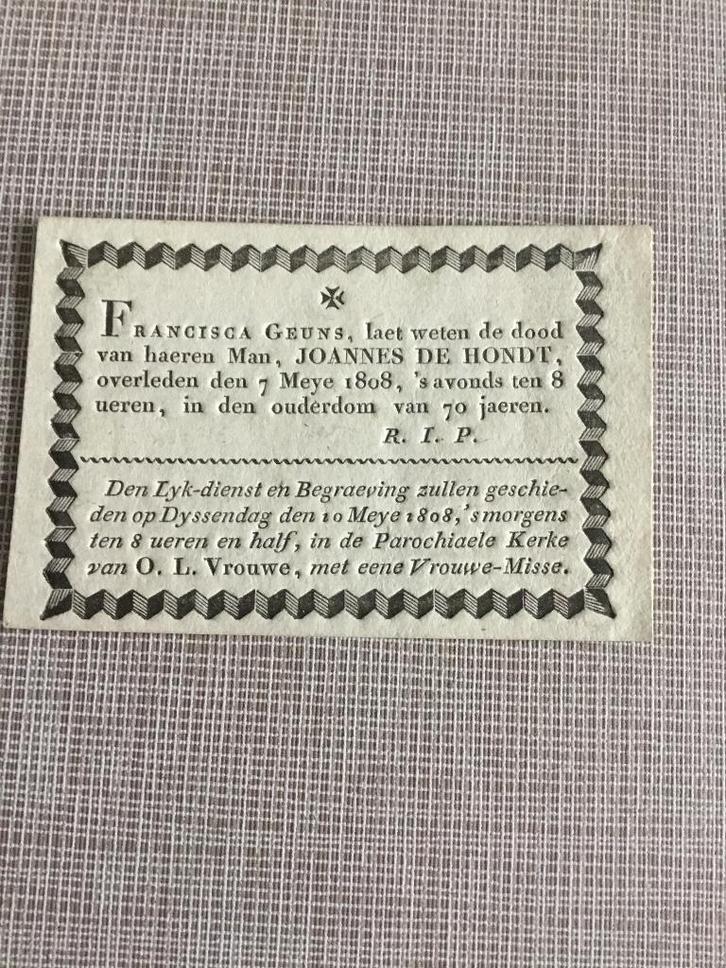 Doodsprentje van J.De Hondt 1738 +1808 (F.Geuns) Brugge, Verzamelen, Bidprentjes en Rouwkaarten, Bidprentje, Verzenden