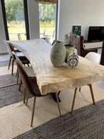 Massieve eiken boomstamtafel (261x111 cm) + 8 stoelen – tops, Huis en Inrichting, Tafels | Eettafels, Ophalen, 100 tot 150 cm