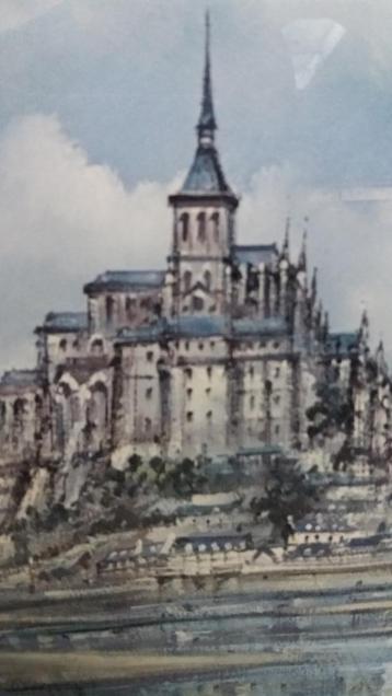 Aquarel -Mont St Michel-Franse schilder beschikbaar voor biedingen