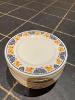 11 vintage porseleinen bordjes – blauw/oranje & goudrand, Antiek en Kunst, Ophalen