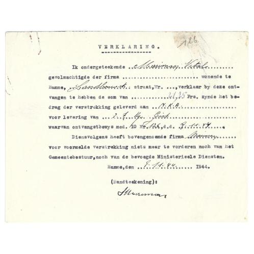 Verzet - kwijtschrift - 1944, Verzamelen, Militaria | Tweede Wereldoorlog, Overige soorten, Overige typen, Ophalen of Verzenden