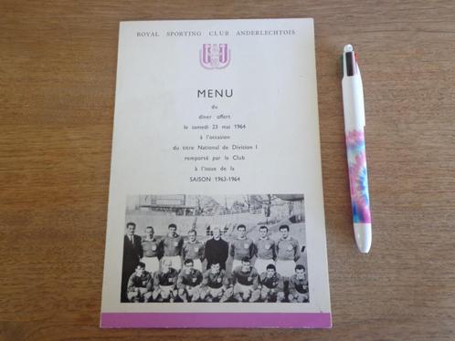 Menu RSC Anderlecht 1964 pour le titre, Collections, Articles de Sport & Football, Utilisé, Autres types, Enlèvement ou Envoi