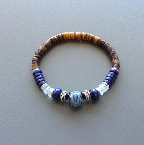 Surferarmband man of vrouw in keramiek, lapis en parelmoer, Handtassen en Accessoires, Armbanden, Nieuw, Elastiek, Blauw, Met bedels of kralen