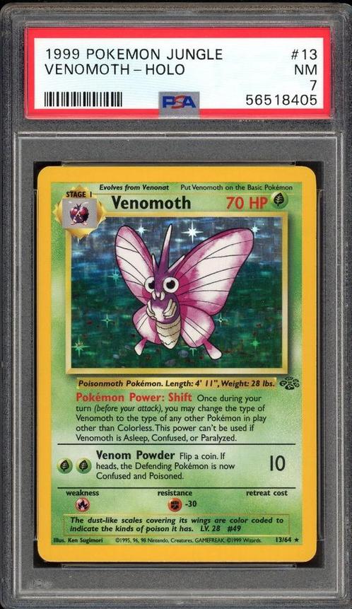 Venomoth Holo PSA 7 - 13/64 - Jungle 1999, Hobby en Vrije tijd, Verzamelkaartspellen | Pokémon, Zo goed als nieuw, Losse kaart