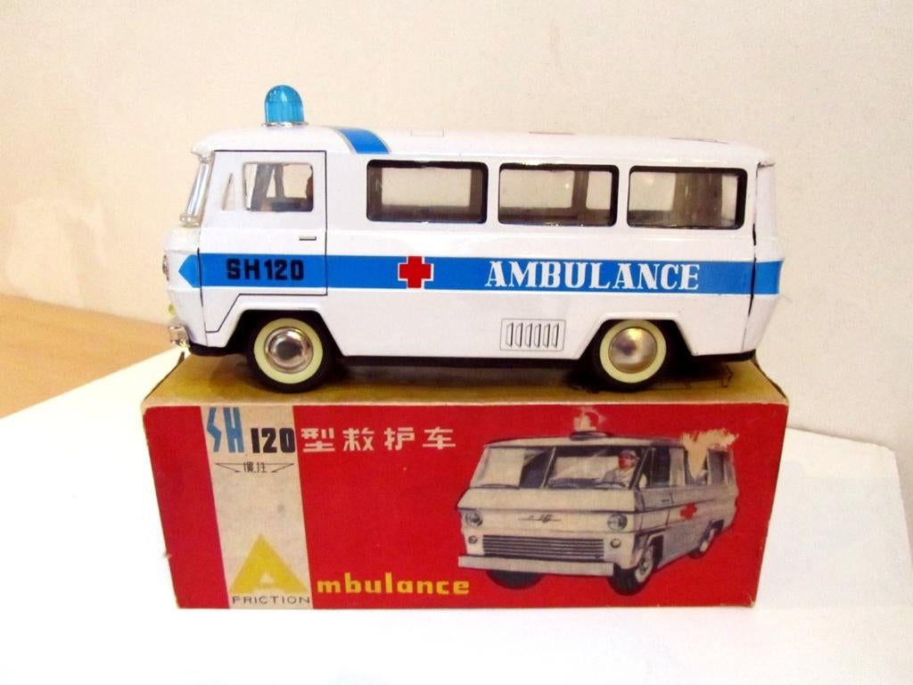 Vintage Sh120 Friction Tin Ambulance + doos, Antiek en Kunst, Antiek | Speelgoed, Ophalen of Verzenden