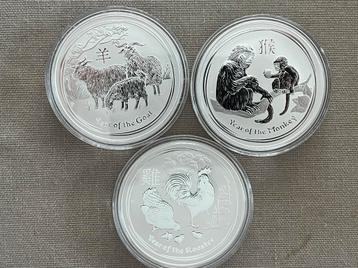 3 zilveren munten 1oz Lunar II 2015/16/17, Enlèvement ou Envoi