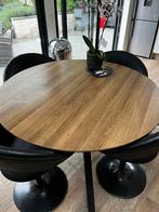 Table ronde 120 cm motif bois + 4 fauteuils noirs similicuir, Gebruikt, Metaal, Ophalen