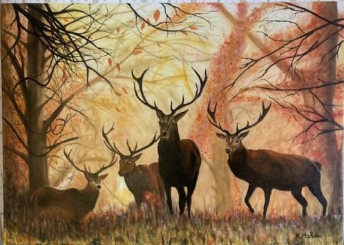 OLIEVERFSCHILDERWERK  HERTEN IN DE HERFST, Antiek en Kunst, Kunst | Schilderijen | Klassiek, Ophalen