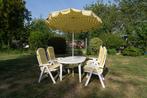 Tuinset met 4 stoelen, kussens en parasol, Ophalen, Zo goed als nieuw, Kunststof, Tuinset