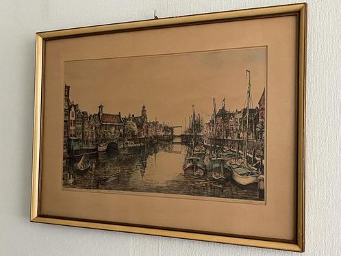 Wim Beeke; ets 1930 Delfshaven Rotterdam, Antiek en Kunst, Kunst | Etsen en Gravures, Verzenden