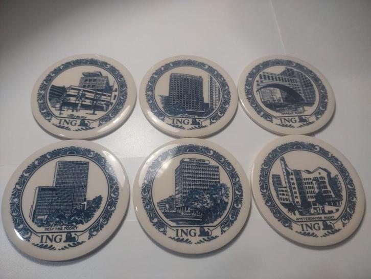 Set van 6 unieke onderzetters ING, Antiek en Kunst, Antiek | Servies los, Verzenden