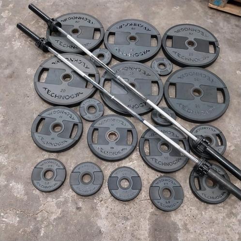 Technogym Olympische Pu Gewichten Set + Technogym barbells, Sport en Fitness, Fitnessmaterialen, Zo goed als nieuw, Ophalen