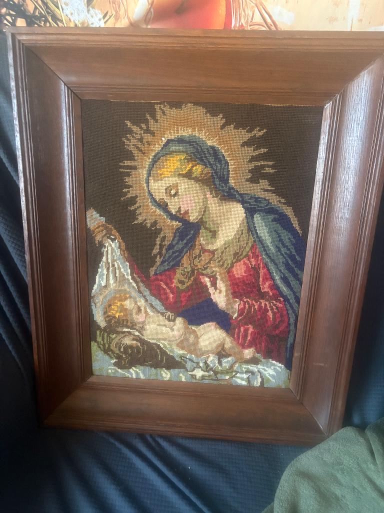 Tapisserie brodée vintage canevas, Enlèvement, Utilisé, Bois