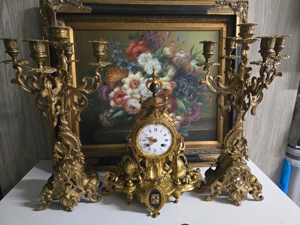 Antieke Franse pendule garnituur - Rollin à Paris - 19e eeuw, Antiquités & Art, Antiquités | Horloges, Enlèvement ou Envoi