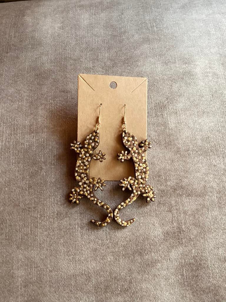 Handbeschilderde Oorbellen Salamander Gold ByJ&S, Ophalen of Verzenden, Nieuw, Overige materialen, Hangers