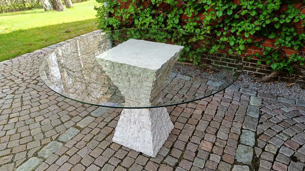 Glazen ronde tafel op centrale zuil, Huis en Inrichting, Tafels | Eettafels, Gebruikt, Ophalen