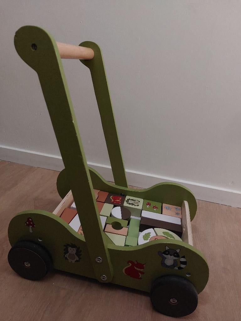 Loopwagentje hout incl. blokjes, Kinderen en Baby's, Speelgoed | Houten speelgoed, Gebruikt, Duw- of Trekspeelgoed, Ophalen