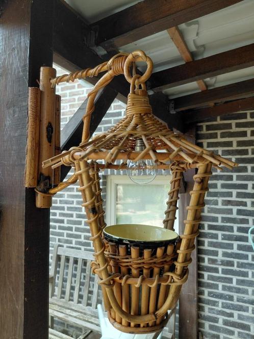 Franse rotan & bamboe hanglamp – lantaarn – bloemenhouder, Antiek en Kunst, Curiosa en Brocante, Ophalen of Verzenden