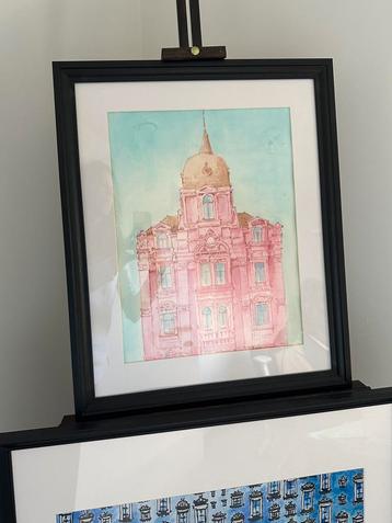 schilderij aquarel roze architectuur beschikbaar voor biedingen
